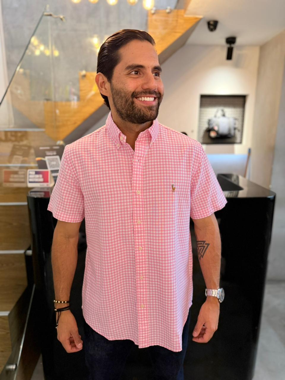 Camisa Polo R.L hombre Manga Corta Oxford Cuadros Rosados Con Blanco Caballo Multicolor