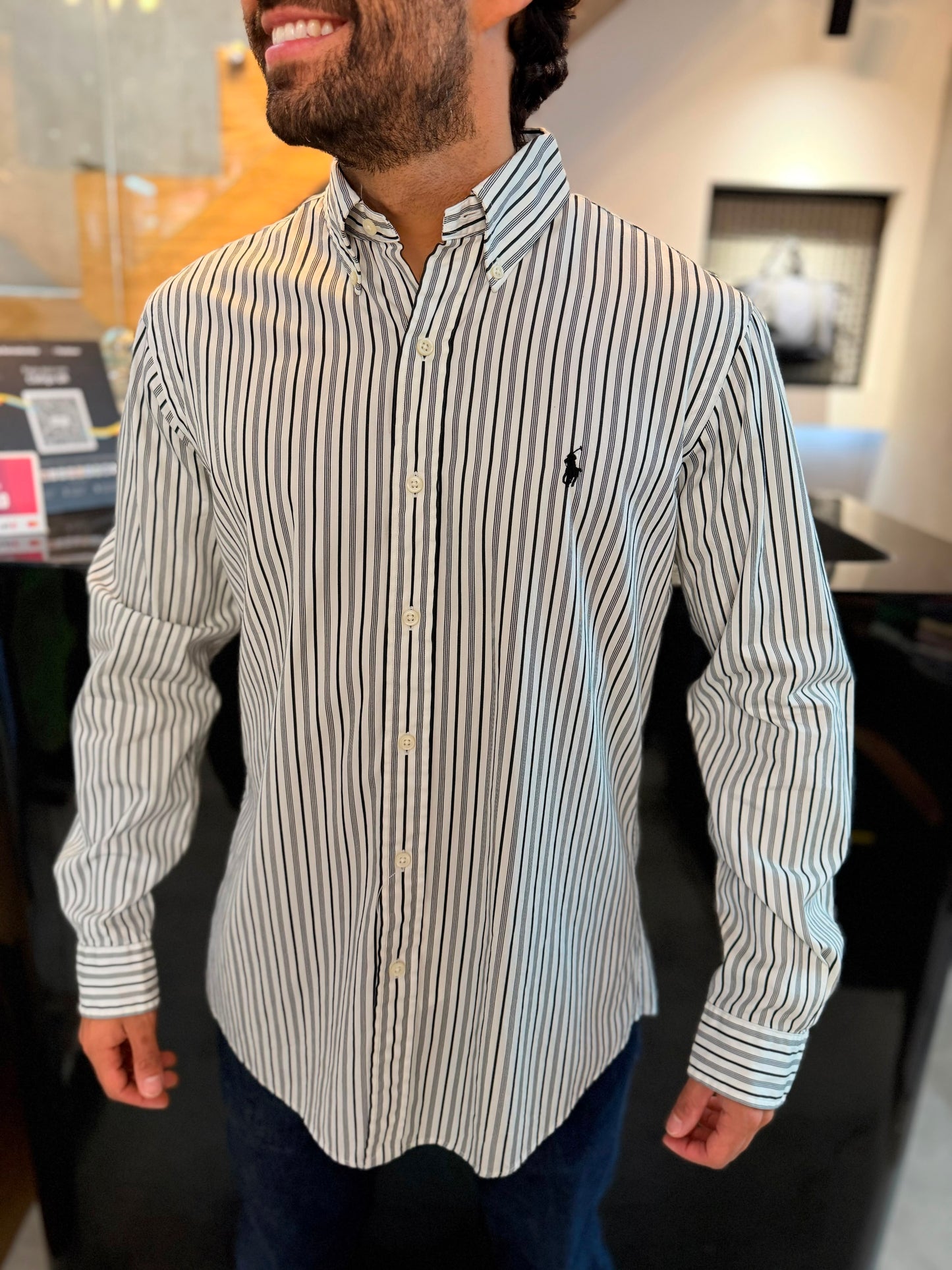 Camisa Polo R.L hombre Algodón Custom Fit Rayas Blancas Con Negro Caballo Negro