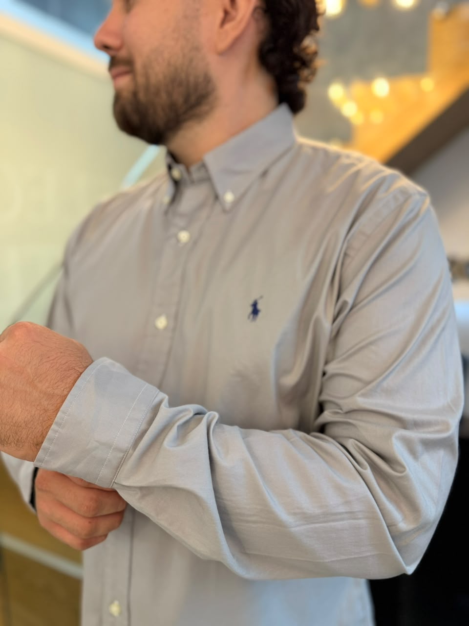 Camisa Polo R.L hombre Algodón Custom Fit Gris Caballo Azul