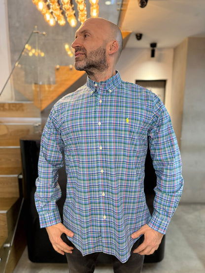 Camisa Polo R.L hombre Algodón Cuadros Azules Con Verde Caballo Amarillo Neón