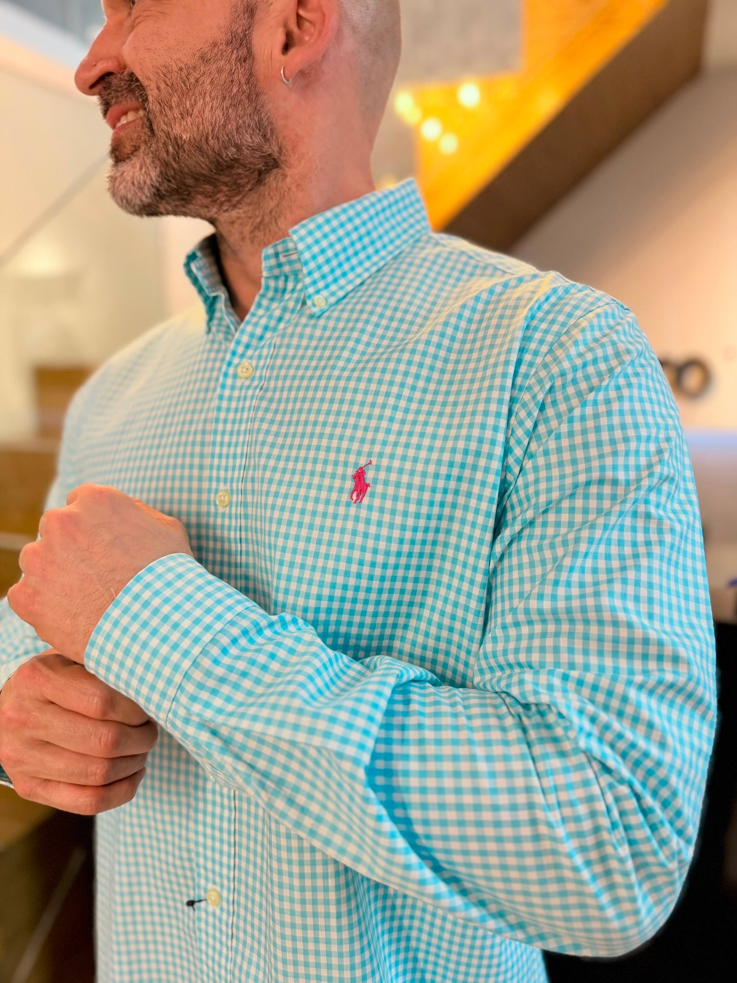 Camisa Polo R.L hombre Algodón Cuadros Celestes Con Blanco Caballo Fucsia