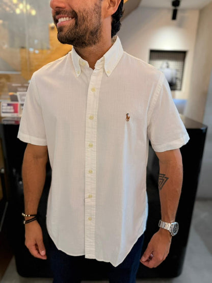 Camisa Polo R.L hombre Manga Corta Oxford Blanca Caballo Multicolor