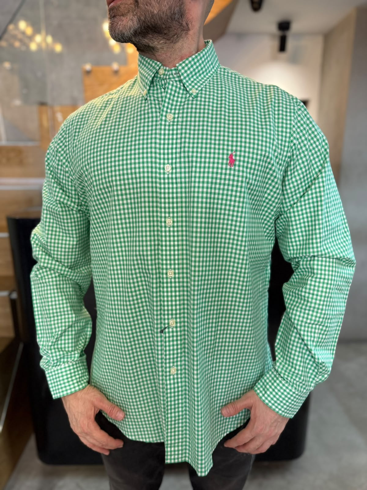 Camisa Polo R.L hombre Algodón Cuadros Verdes Con Blanco Caballo Fucsia