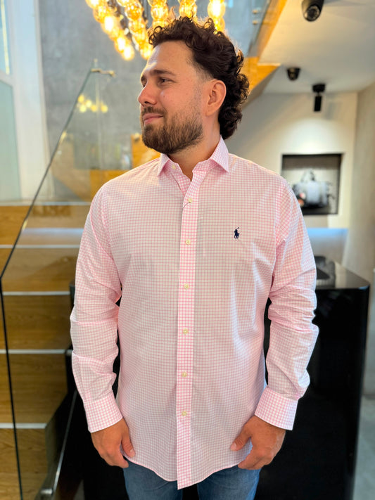 Camisa Polo R.L hombre Algodón Custom Fit Cuadros Blancos Caballo Azul