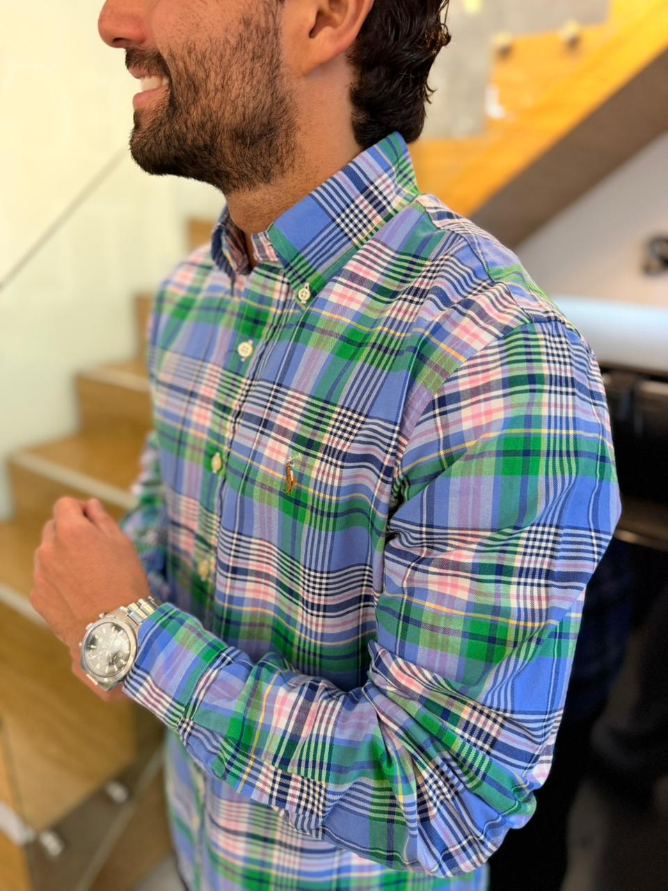 Camisa Polo R.L hombre Oxford Cuadros Azules Con Verde Caballo Multicolor