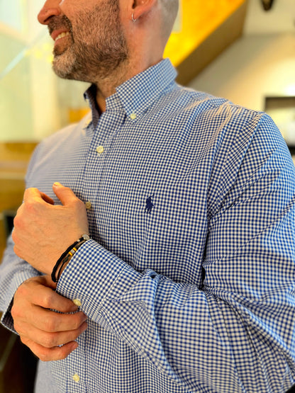 Camisa Polo R.L hombre Algodón Cuadros Azules Con Blanco Caballo Azul