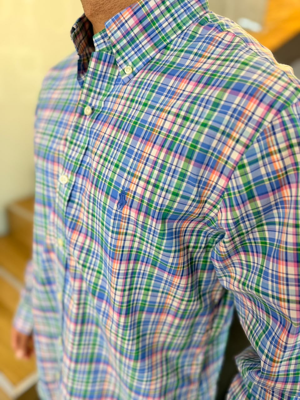 Camisa Polo R.L hombre Algodón Cuadros Colores Caballo Celeste
