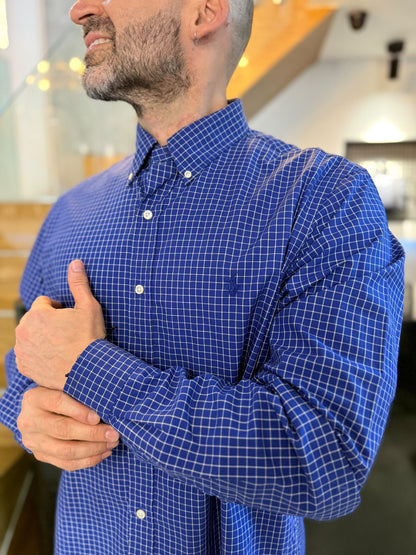 Camisa Polo R.L hombre Algodón Cuadros Azul Oscuro Con Blanco Caballo Azul