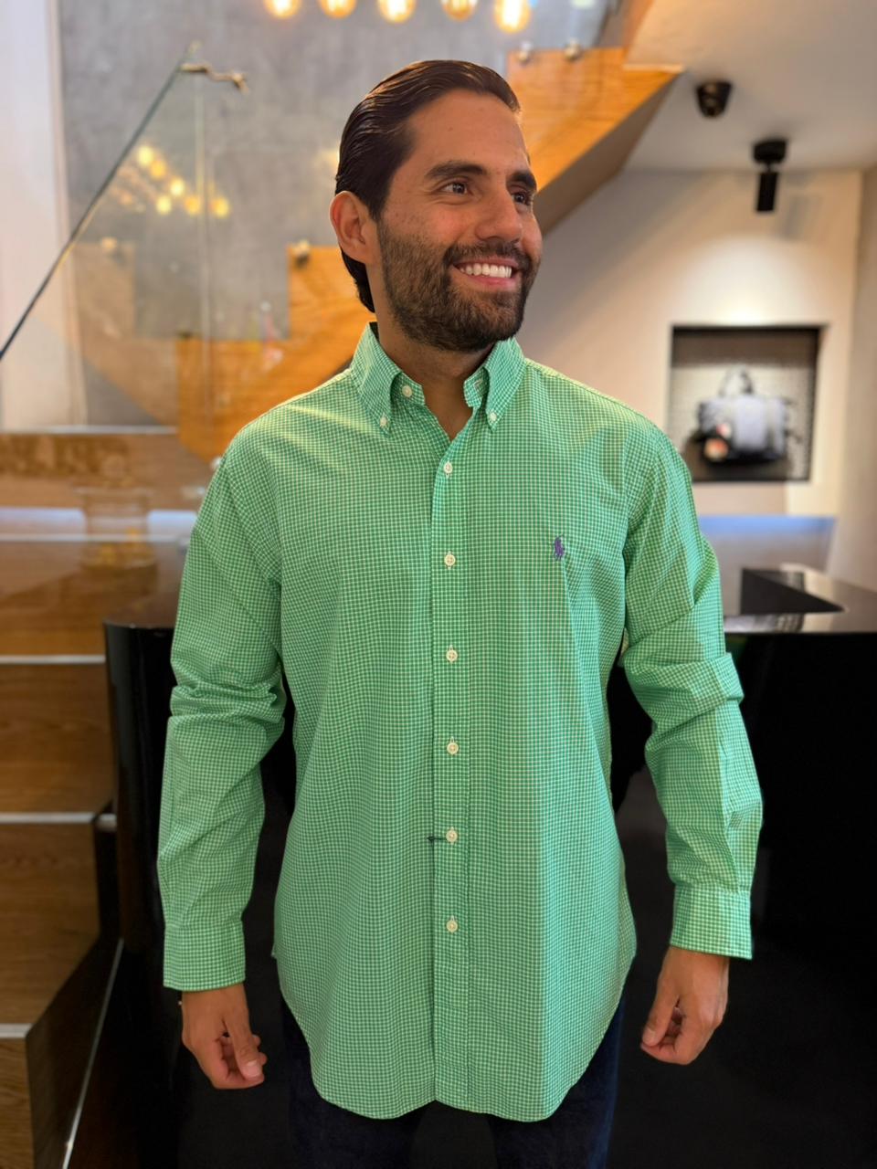 Camisa Polo R.L hombre Algodón Cuadros Verdes Caballo Morado