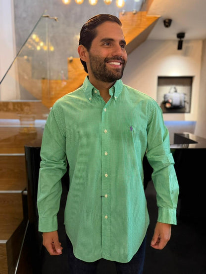 Camisa Polo R.L hombre Algodón Cuadros Verdes Caballo Morado