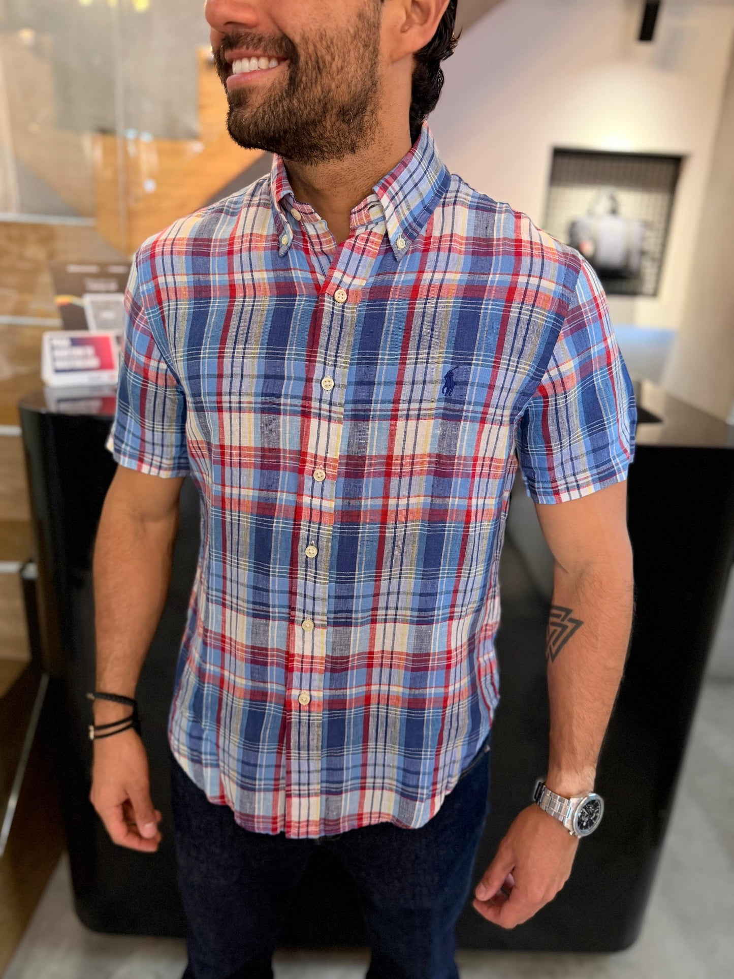 Camisa Polo R.L hombre Lino Manga Corta Custom Fit Cuadros Colores Caballo Azul