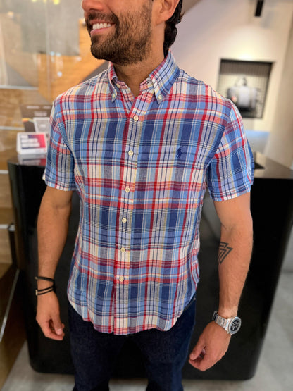 Camisa Polo R.L hombre Lino Manga Corta Custom Fit Cuadros Colores Caballo Azul