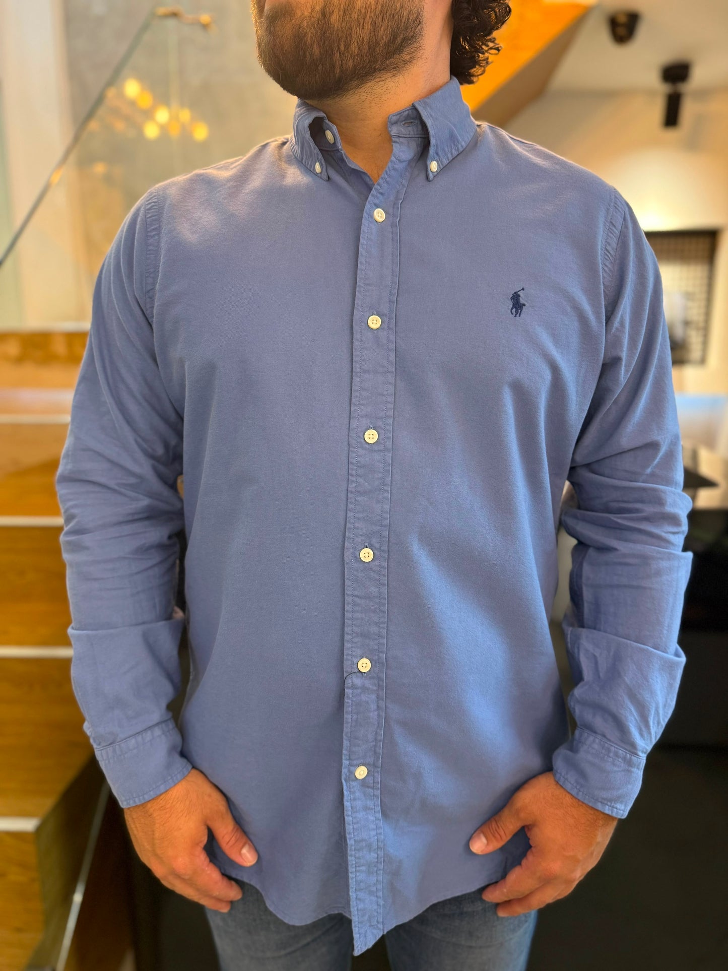 Camisa Polo R.L hombre Oxford Azul Caballo Azul