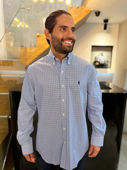 Camisa Polo R.L hombre Algodón Cuadros Azules Con Blanco Caballo Azul