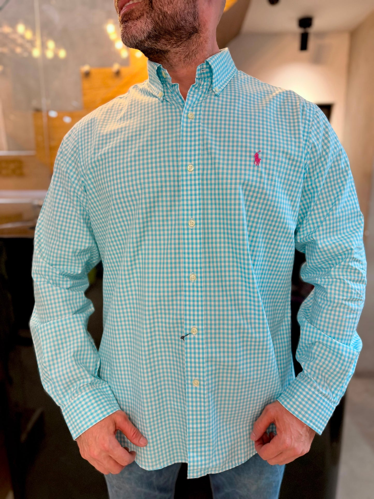 Camisa Polo R.L hombre Algodón Cuadros Celestes Con Blanco Caballo Fucsia