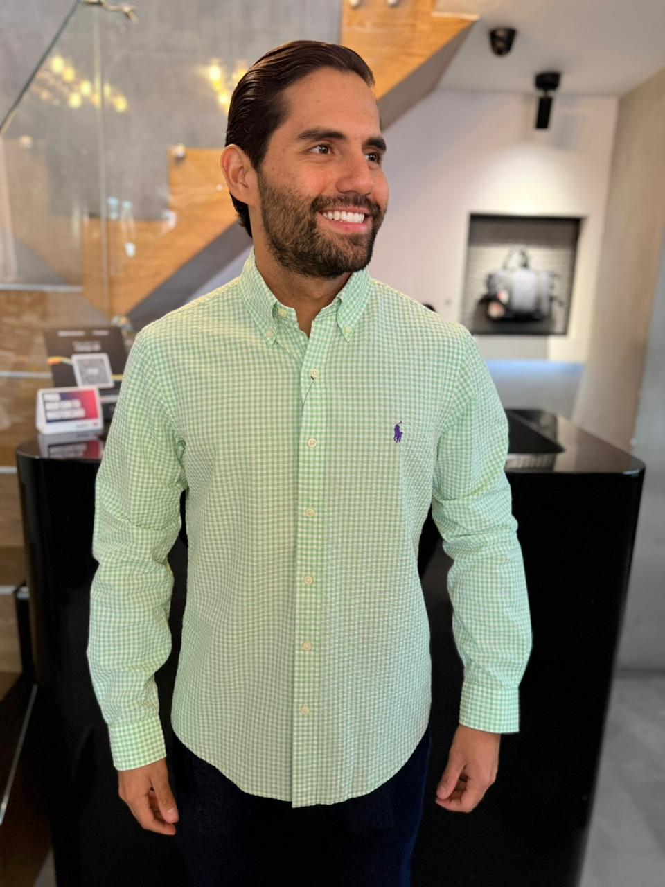 Camisa Polo R.L hombre Galleta Cuadros Verdes Con Blanco Caballo Morado