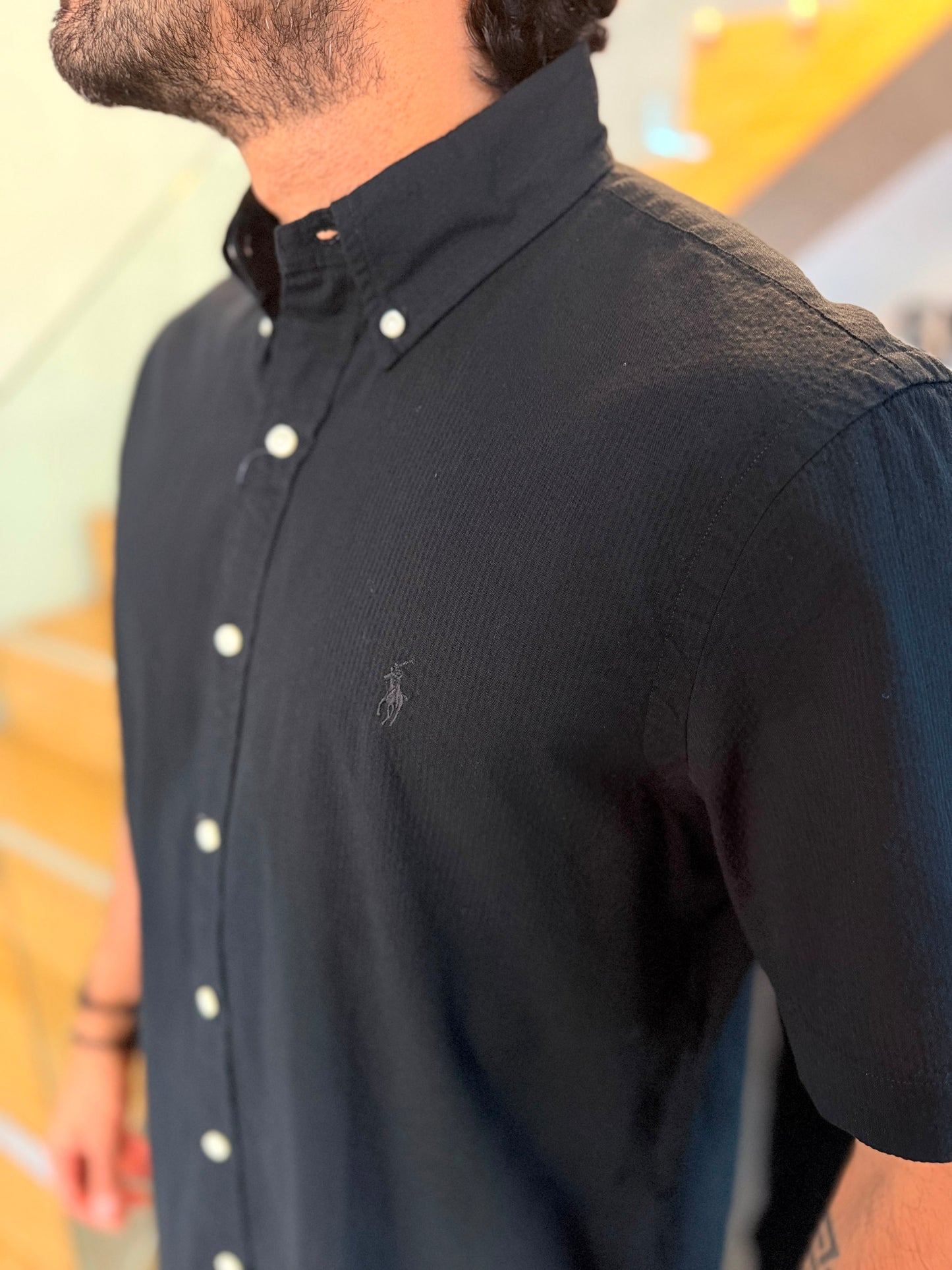 Camisa Polo R.L hombre Manga Corta Galleta Negra Caballo Negro