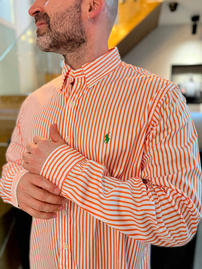 Camisa Polo R.L hombre Algodón Rayas Naranjas Con Blanco Caballo Verde