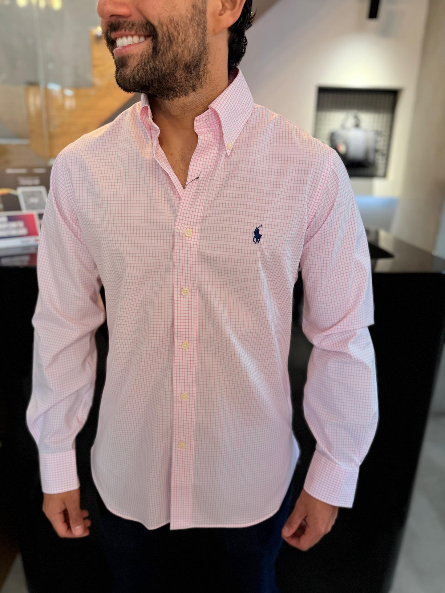 Camisa Polo R.L hombre Custom Fit Algodón Cuadros Blancos Con Rosado Caballo Azul
