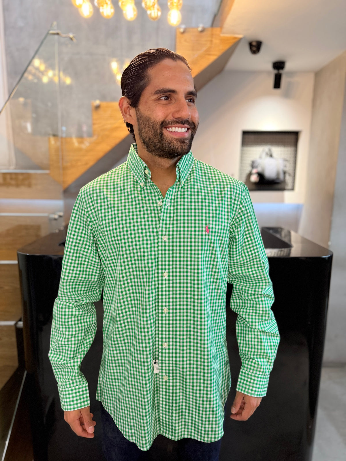 Camisa Polo R.L hombre Algodón Cuadros Verdes Limón Con Blanco Caballo Rosa