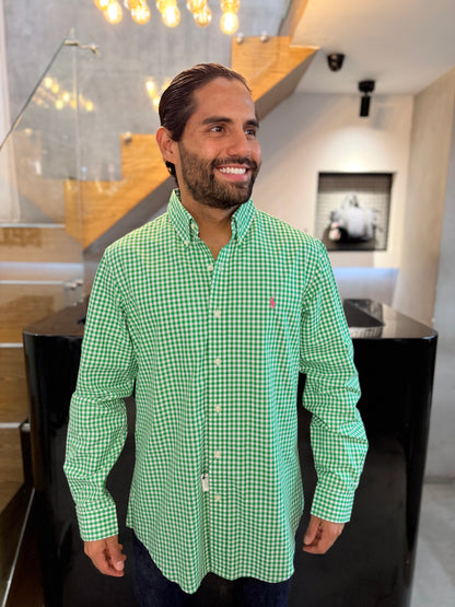 Camisa Polo R.L hombre Algodón Cuadros Verdes Limón Con Blanco Caballo Rosa