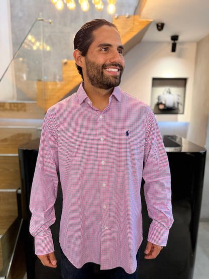 Camisa Polo R.L hombre Performance Cuadros Rosados Con Azul Caballo Azul