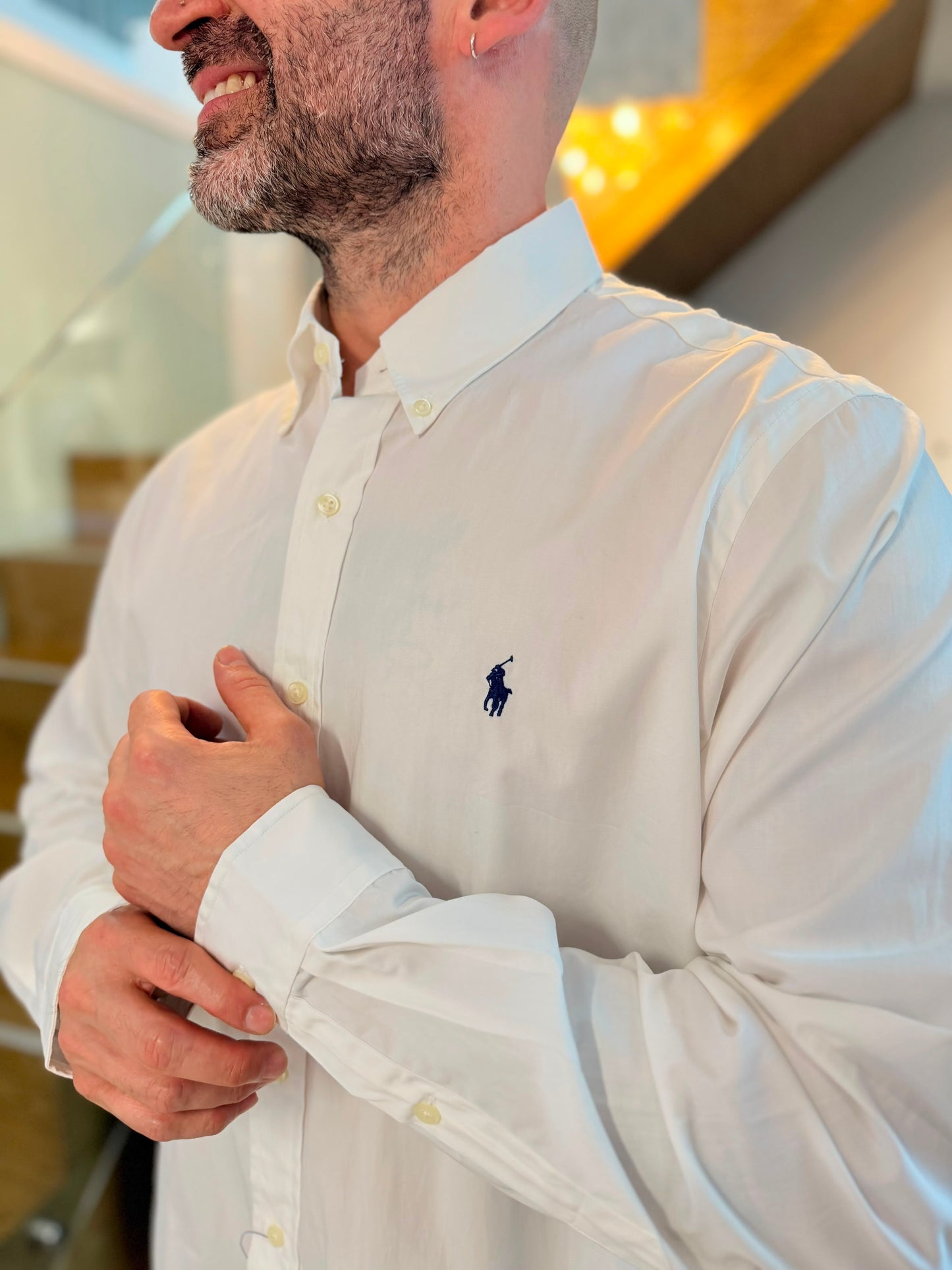 Camisa Polo R.L hombre Algodón Blanca Caballo Azul