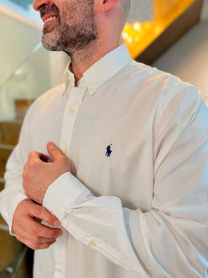 Camisa Polo R.L hombre Algodón Blanca Caballo Azul
