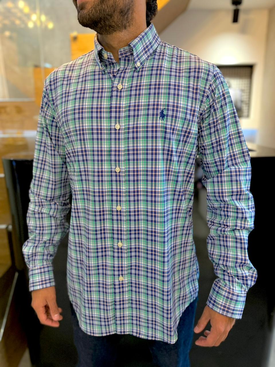 Camisa Polo R.L hombre Performance Cuadros Azules Con Verde Caballo Azul