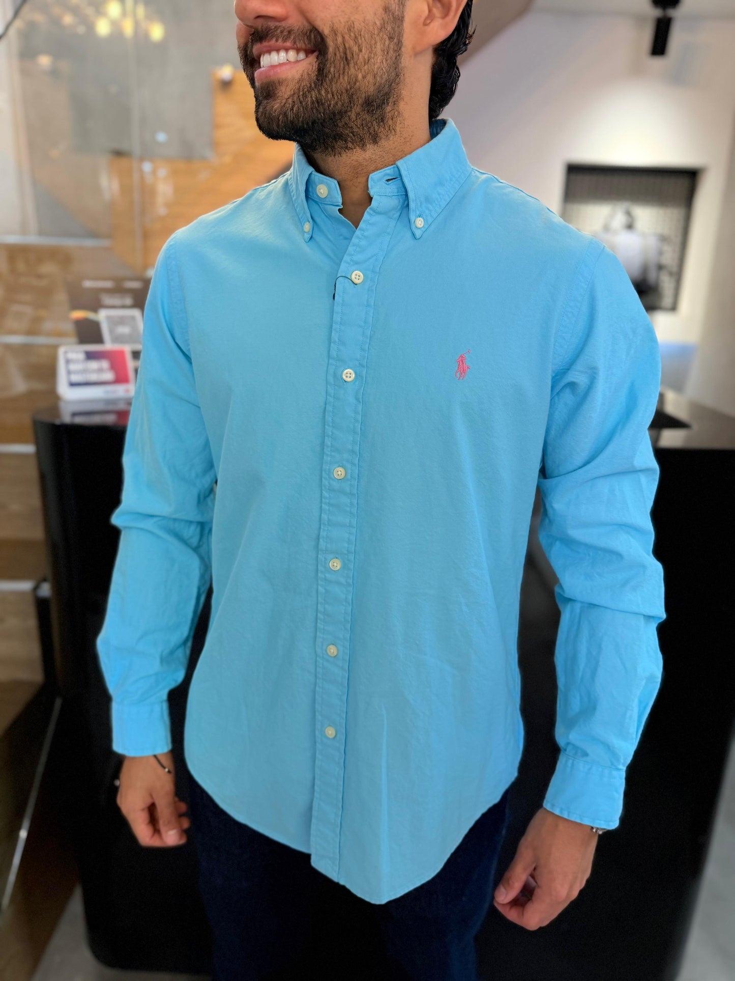 Camisa Polo R.L hombre Oxford Celeste Caballo Rosado