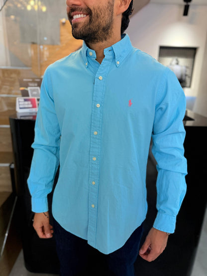 Camisa Polo R.L hombre Oxford Celeste Caballo Rosado