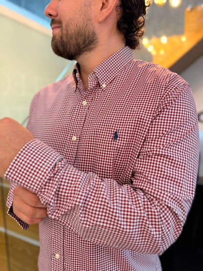 Camisa Polo R.L hombre Algodón Slim fit Cuadros Vinotinto Caballo Azul