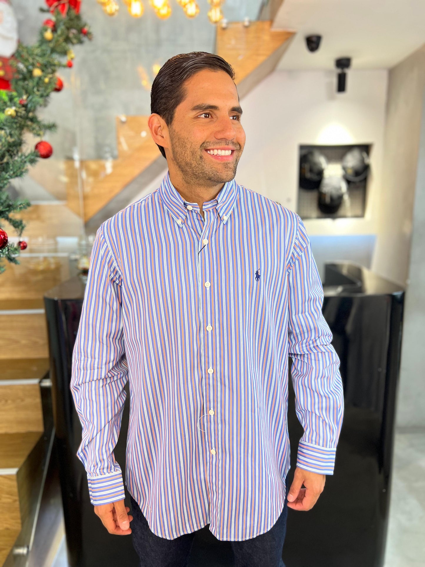 Camisa Polo R.L hombre Algodón Rayas Caballo Azul
