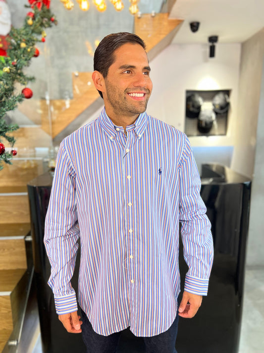 Camisa Polo R.L hombre Algodón Rayas Caballo Azul