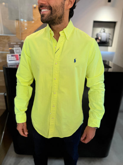 Camisa Polo R.L hombre Oxford Verde Neón Caballo Azul