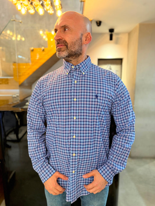 Camisa Polo R.L hombre Algodón Performance Cuadros Azules Caballo Azul