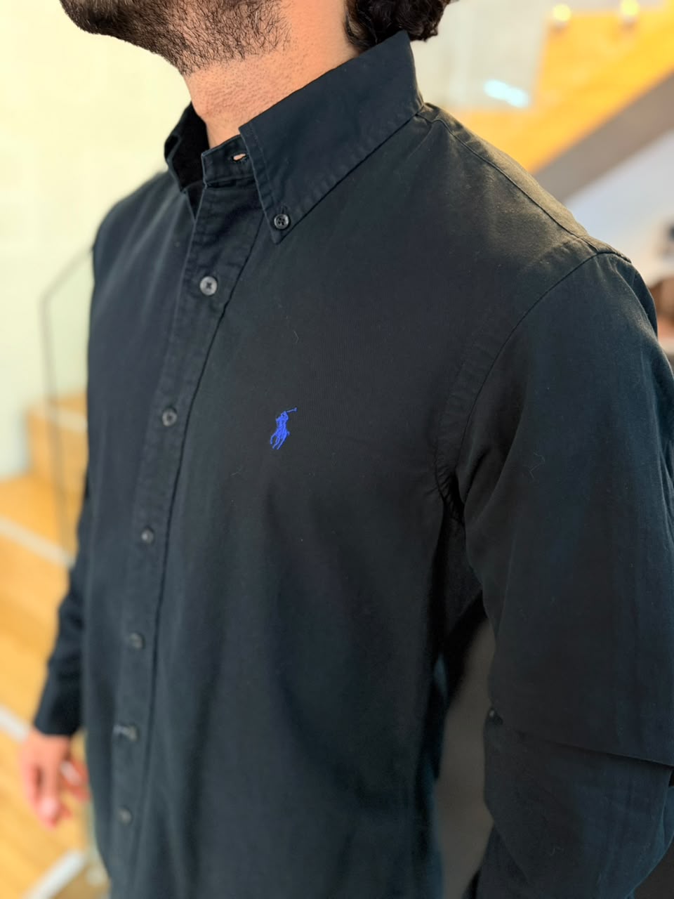 Camisa Polo R.L hombre Algodón Custom Fit Negro Caballo Azul Rey