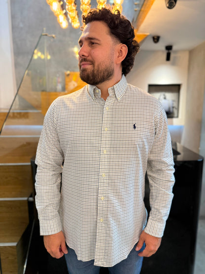 Camisa Polo R.L hombre Algodón Custom Fit Cuadros Blancos Caballo Azul