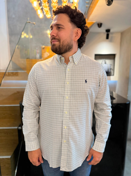 Camisa Polo R.L hombre Algodón Custom Fit Cuadros Blancos Caballo Azul