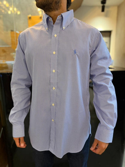 Camisa Polo R.L hombre Algodón Cuadros Celestes Caballo Celestes