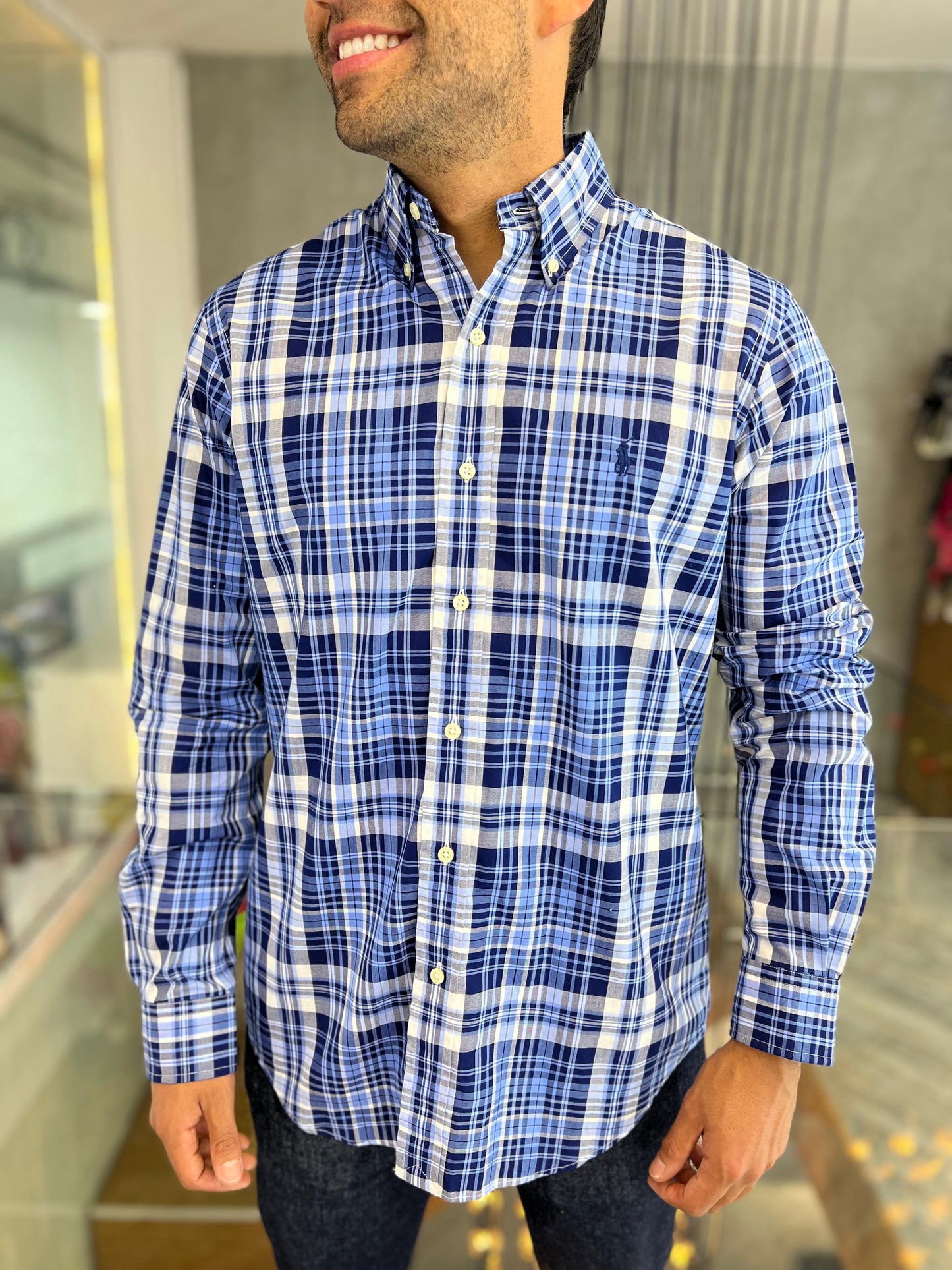 Camisa Polo R.L hombre Algodón Cuadros Azules