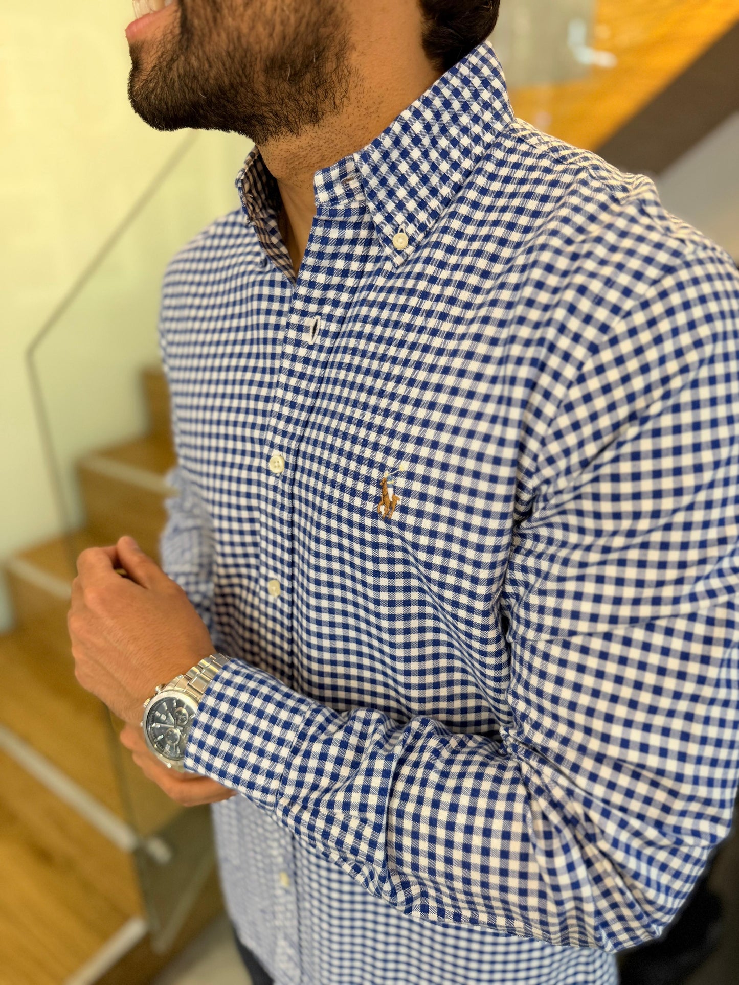 Camisa Polo R.L hombre Oxford Cuadros Azules Con Blanco Caballo Multicolor