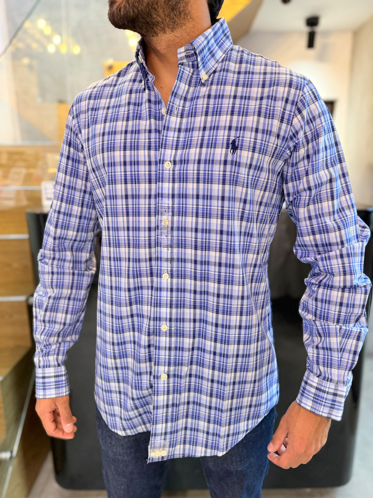 Camisa Polo R.L hombre Algodón Cuadros Azules Con Gris Caballo Azul