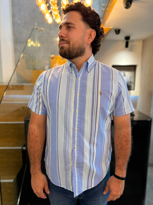 Camisa Polo R.L hombre Oxford   Manga Corta Rayas Azules Caballo Multicolor