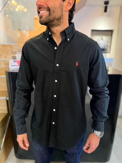 Camisa Polo R.L hombre Oxford Negra Caballo Rojo