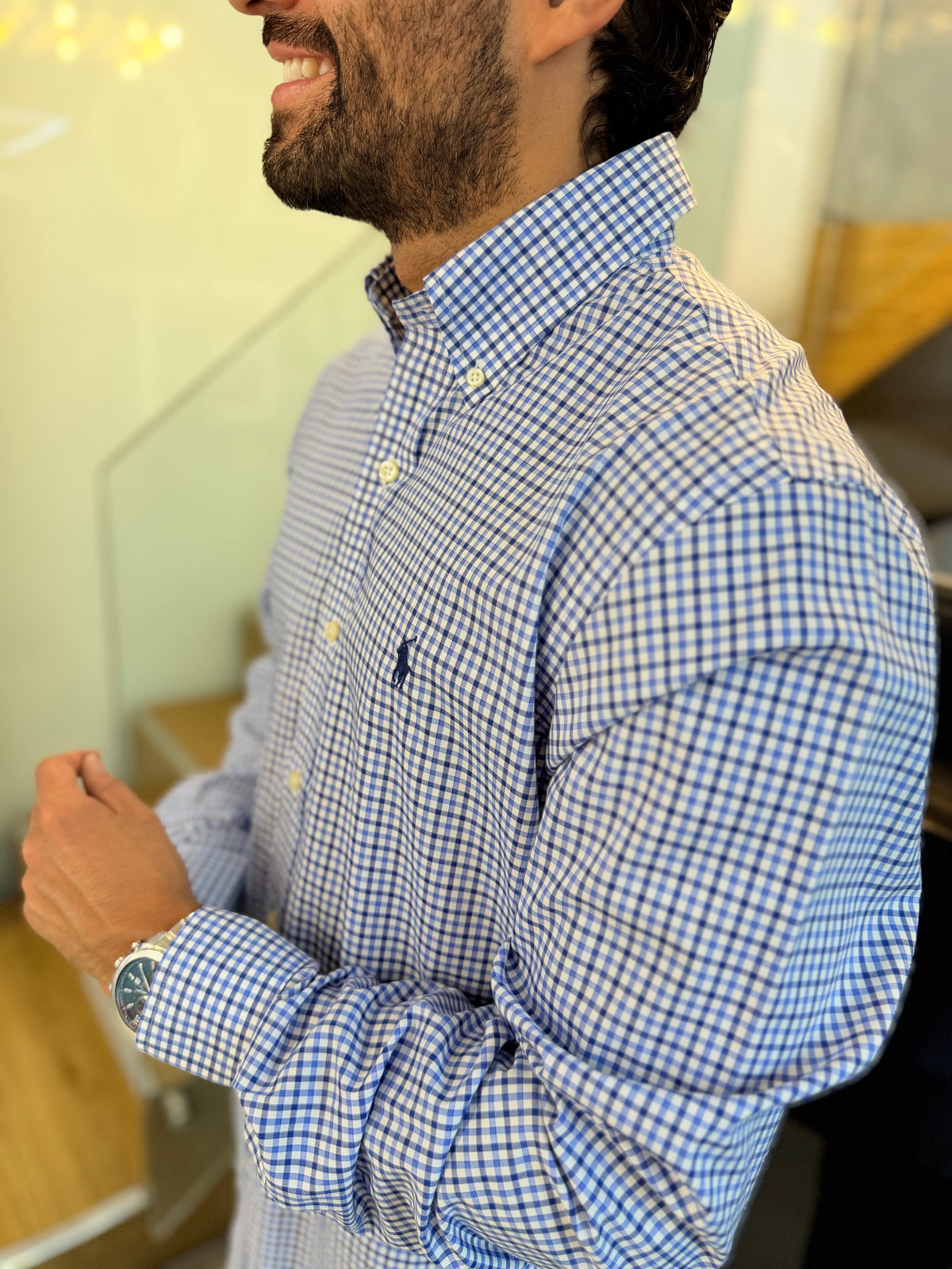 Camisa Polo R.L hombre Algodón Cuadros Azules Con Blanco Caballo Azul