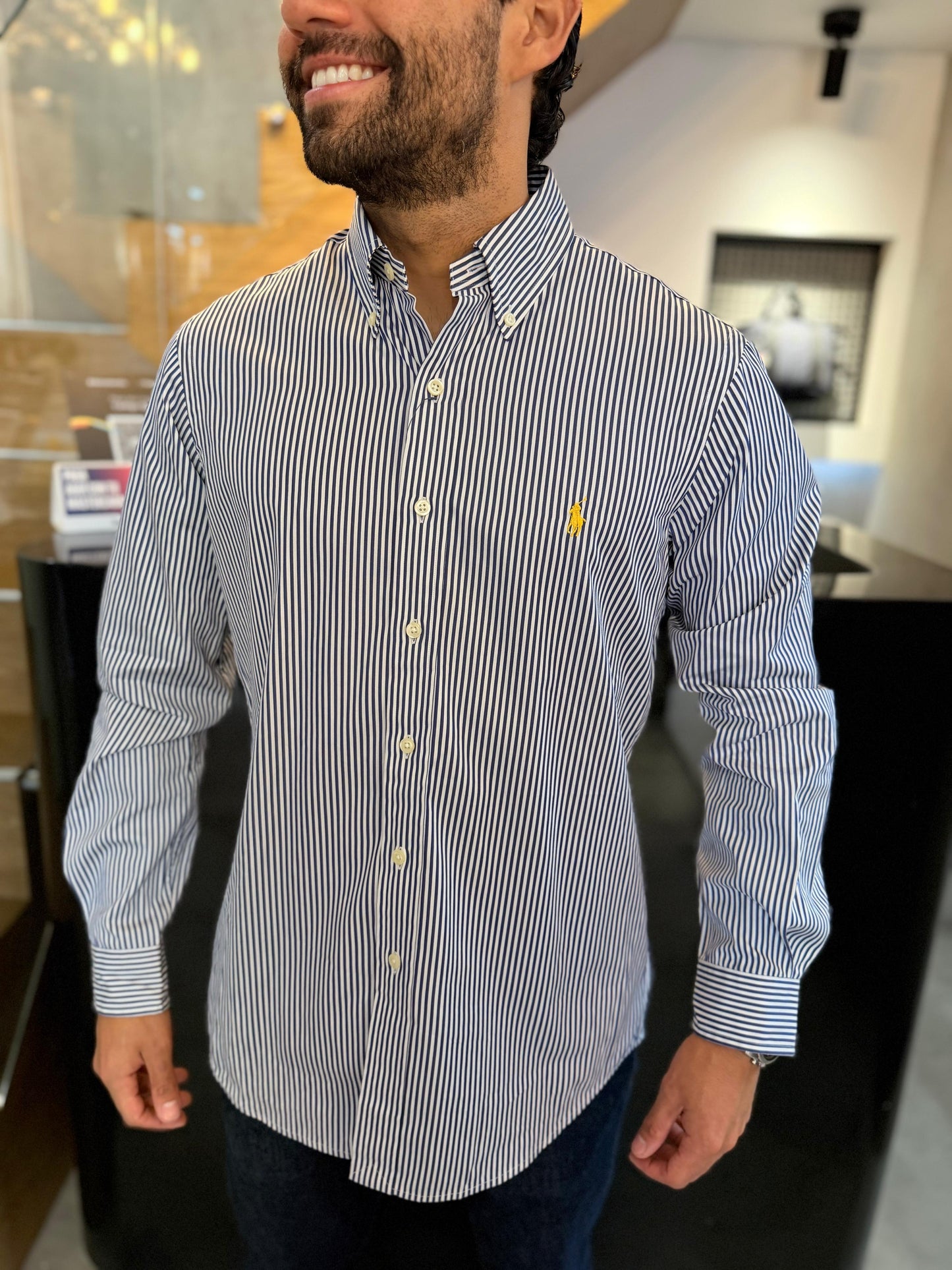 Camisa Polo R.L hombre Algodón Rayas Azules Caballo Amarillo