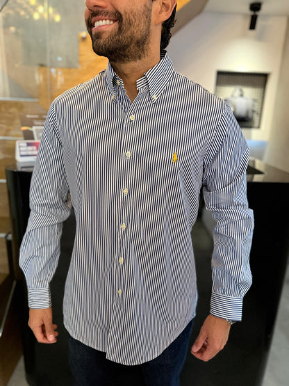 Camisa Polo R.L hombre Algodón Rayas Azules Caballo Amarillo
