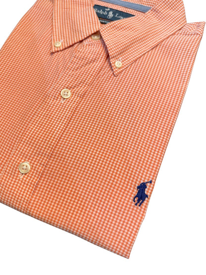 Camisa Polo R.L hombre Algodón Cuadros Naranjas Caballo Azul