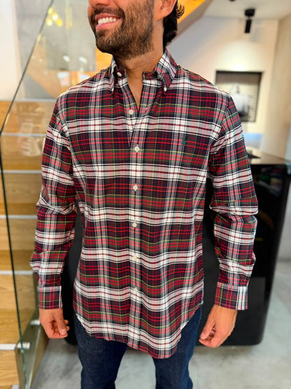 Camisa Polo R.L hombre Oxford Cuadros Rojos con Blanco Caballo Verde